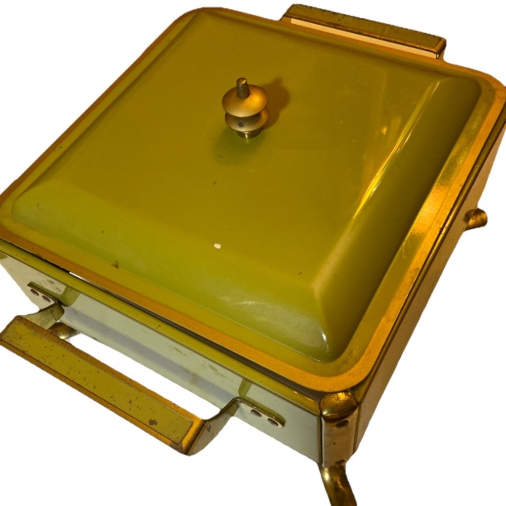 VYG Fire King Buffet Server Warming Chaffing Square Lidded Dish Olive  Green USA